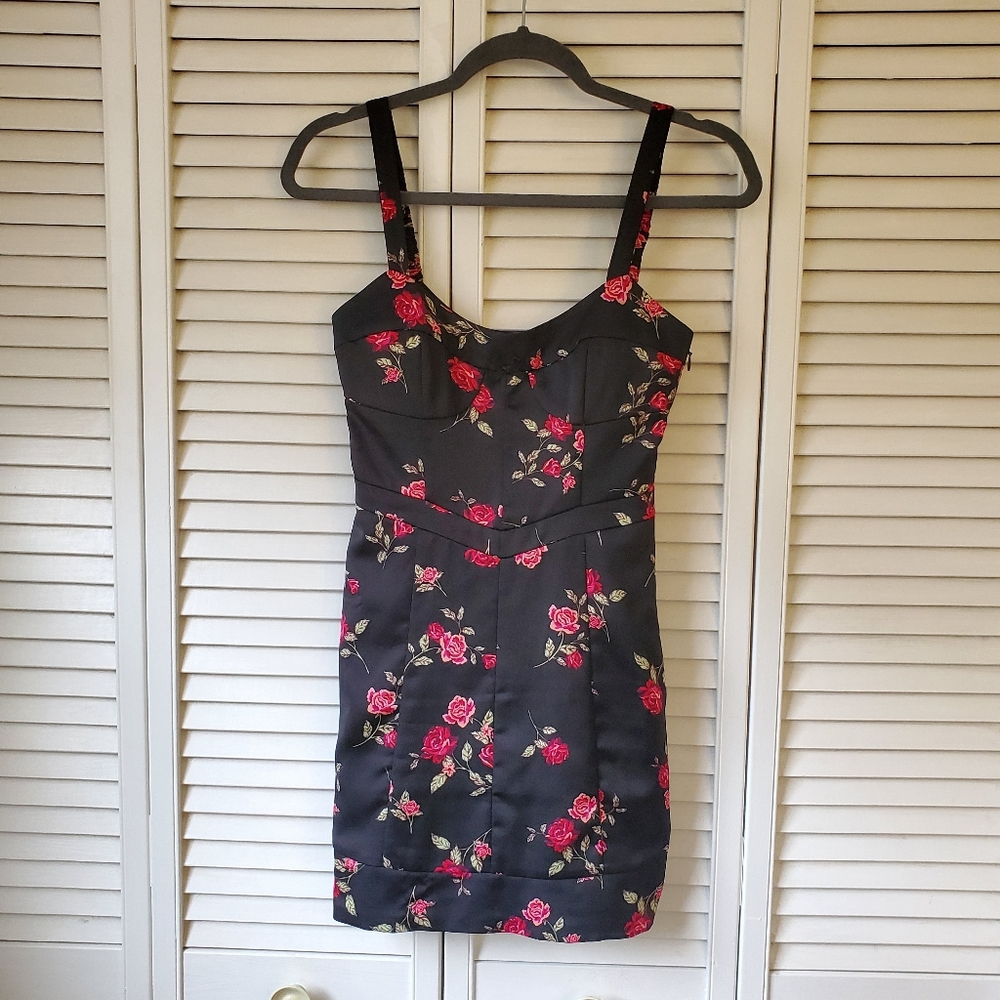 For Love And Lemons Cassidy Black Satin Floral Mini Dress Women's Size XS